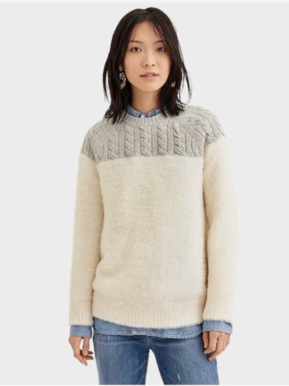 Worn Once! J. Crew Two-Tone Cable Yoke Fuzzy Crewneck — Cream and Light Gray
